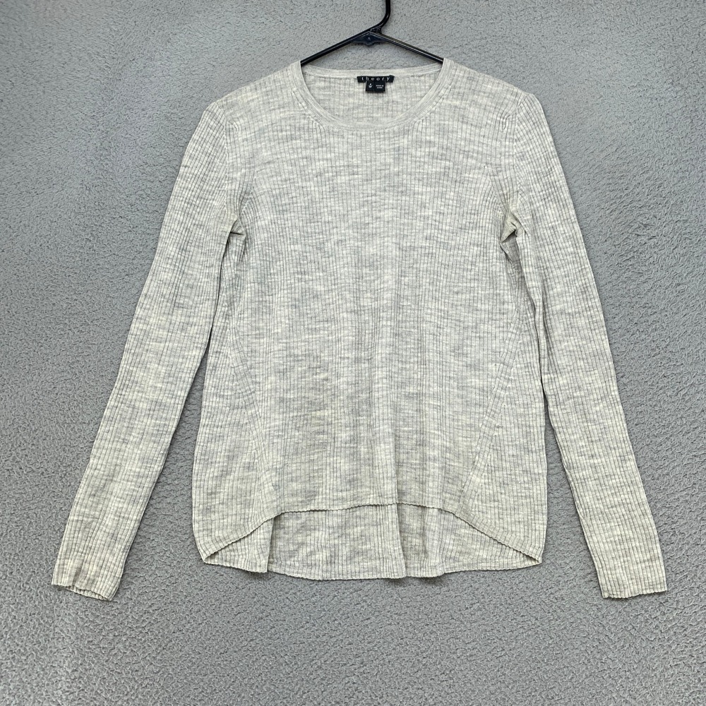 Theory Sweater Womens P / XS Merino Wool Rib Knit Gray Lightweight Long Sleeve
